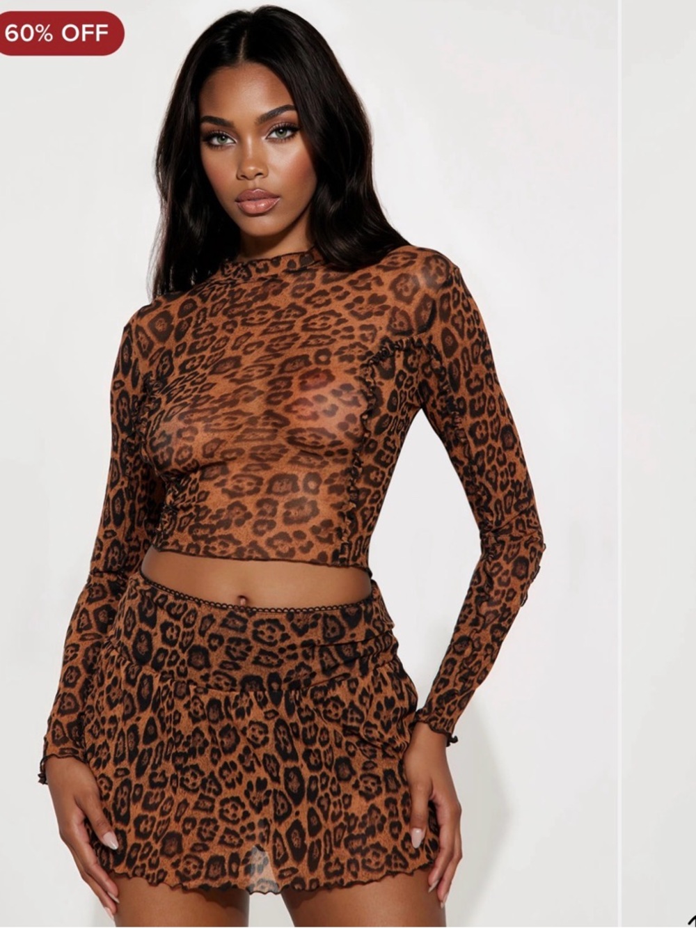 Sheer Leopard Print Long Sleeve Crop Top - Brown